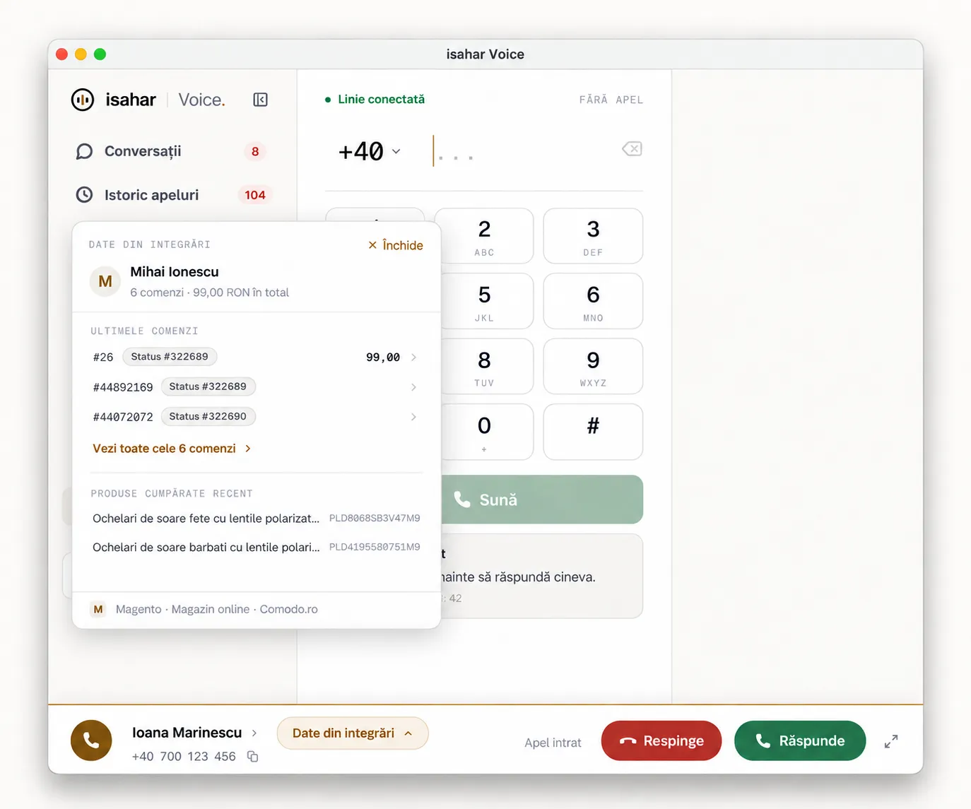 Panoul Date din integrări cu comenzile Magento ale clientului, afișat la un apel primit în isahar Voice